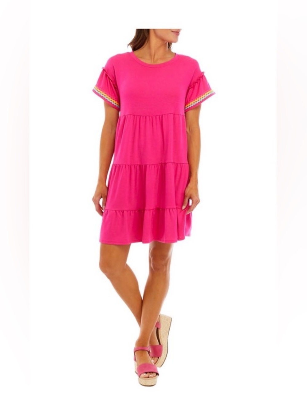 Crown & Ivy Hot Pink Tiered Ruffle Dress with Rainbow Trim